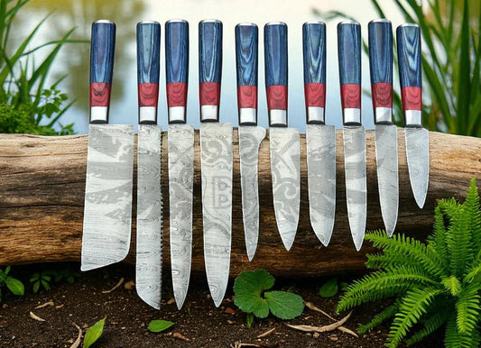 Hand Forged Damascus Chef Set | Blue & Red Wood Handle | Executive Gift