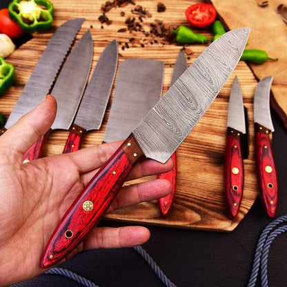 Handmade Damascus Chef Knife Set: Alaskan Pakka & Rosewood Kitchen Knives
