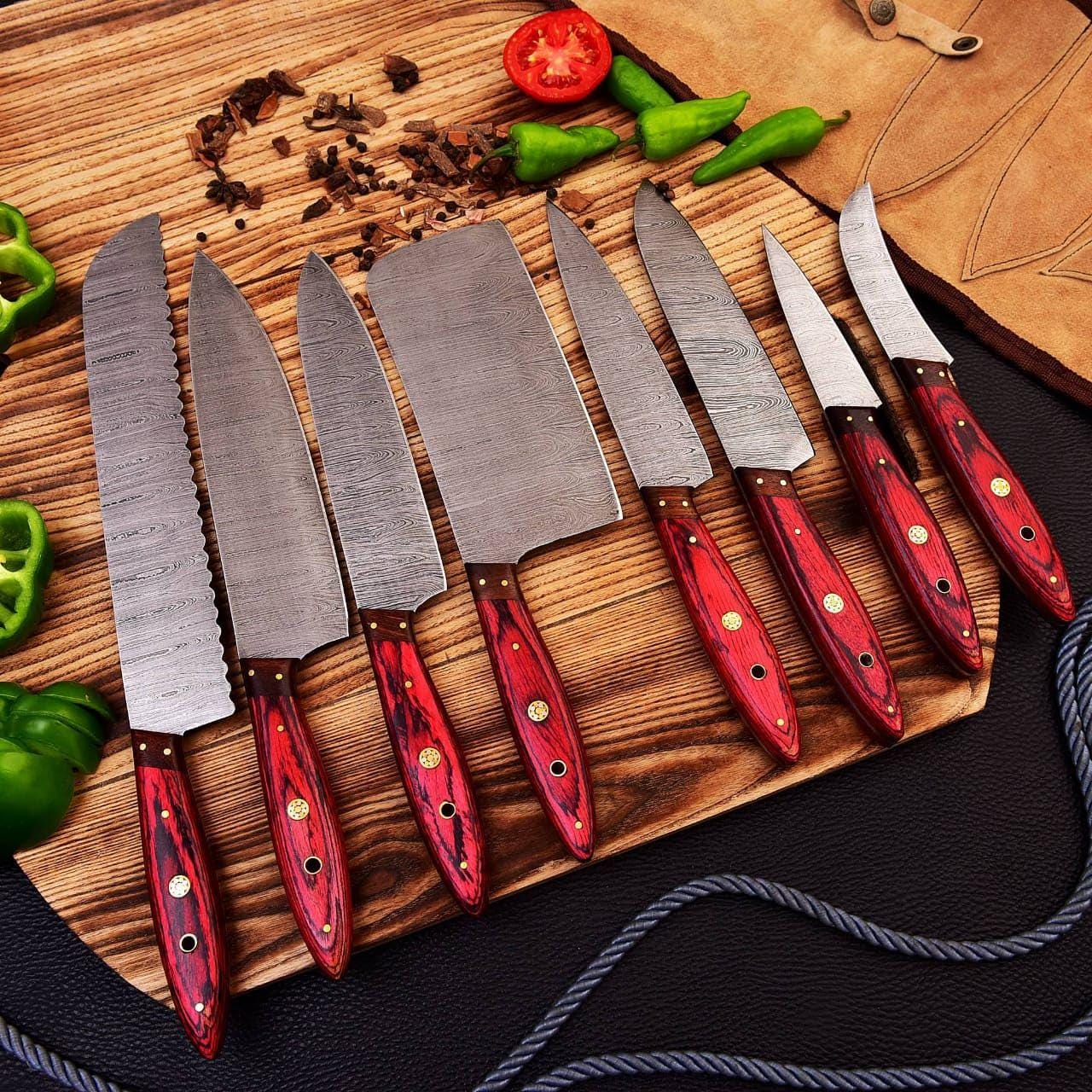 Handmade Damascus Chef Knife Set: Alaskan Pakka & Rosewood Kitchen Knives