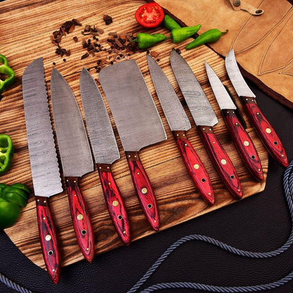 Handmade Damascus Chef Knife Set: Alaskan Pakka & Rosewood Kitchen Knives