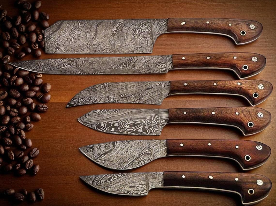 Handmade Damascus Steel Chef Knife Set: Walnut Wood Handle, Kitchen Knives and Leather Roll