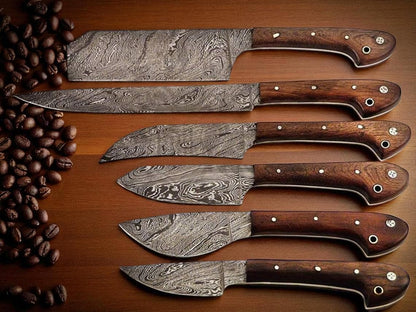 Handmade Damascus Steel Chef Knife Set: Walnut Wood Handle, Kitchen Knives and Leather Roll