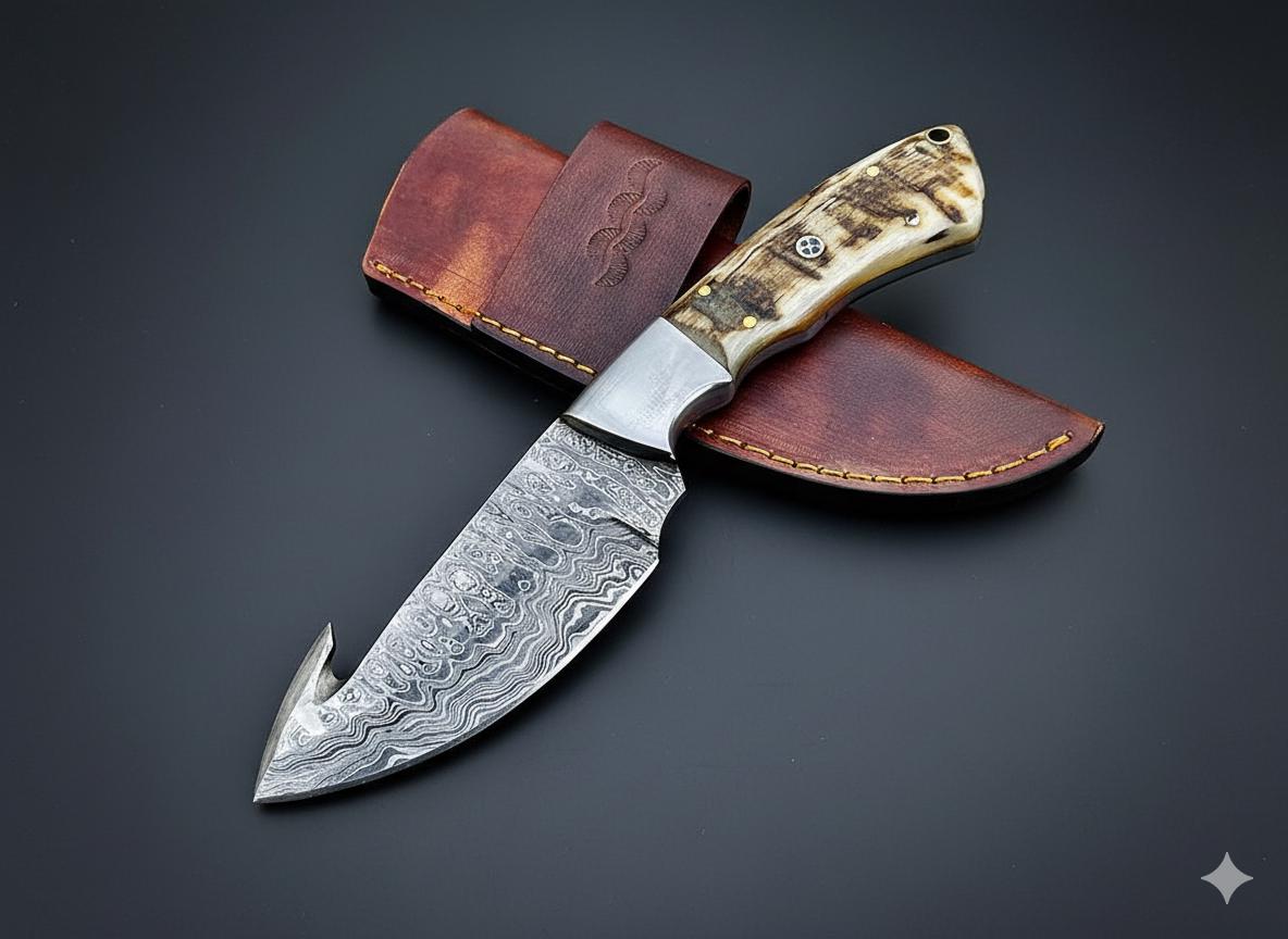 Damascus Knife with Genuine Ram Horn handle | Gut Hook Fixed Blade