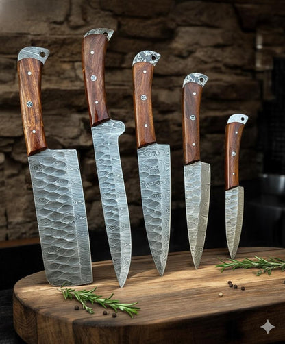 Handcrafted 5-Piece Damascus Steel Chef Knife Set – Rosewood Handles with Display Block
