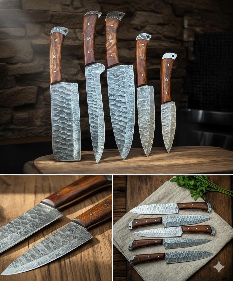 Handcrafted 5-Piece Damascus Steel Chef Knife Set – Rosewood Handles with Display Block