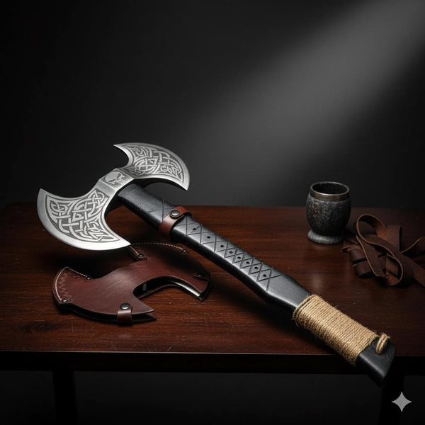 Viking Style Double-Blade Axe | Intricately Engraved Collectible | Norse Knotwork Handle