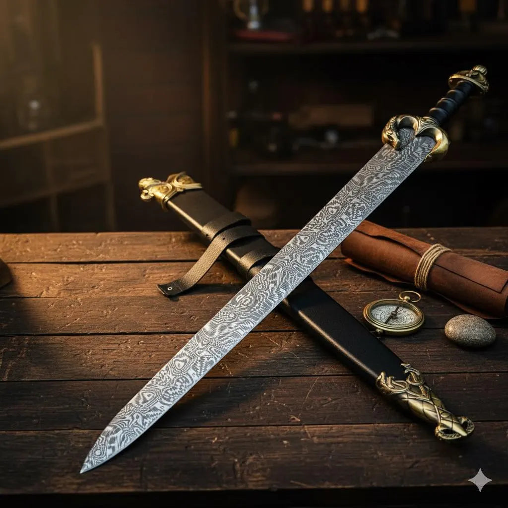 Hand Forged Damascus Short Sword | Display Collector Piece with Leather Scabbard