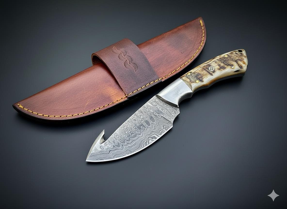 Damascus Knife with Genuine Ram Horn handle | Gut Hook Fixed Blade