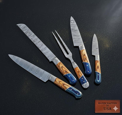 Damascus Carving Set | Blue Resin Wood Handle | Hand Forged Knife Kit | Collectible Set