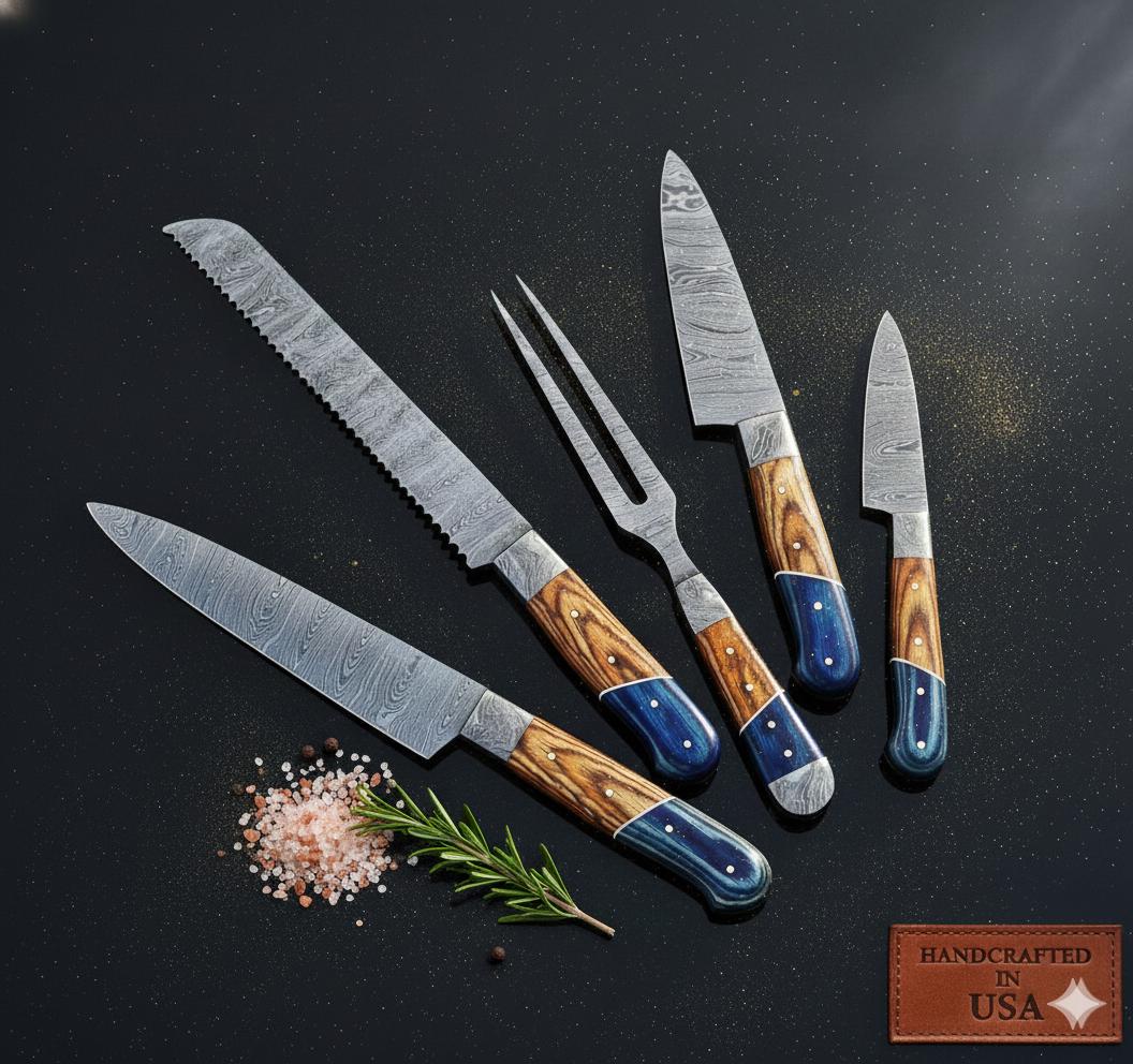 Damascus Carving Set | Blue Resin Wood Handle | Hand Forged Knife Kit | Collectible Set