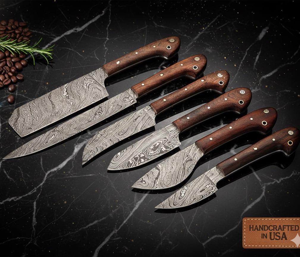 Handmade Damascus Steel Chef Knife Set: Walnut Wood Handle, Kitchen Knives and Leather Roll
