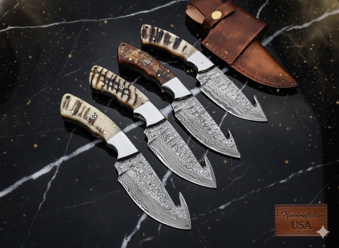 Damascus Knife with Genuine Ram Horn handle | Gut Hook Fixed Blade