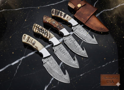 Damascus Knife with Genuine Ram Horn handle | Gut Hook Fixed Blade