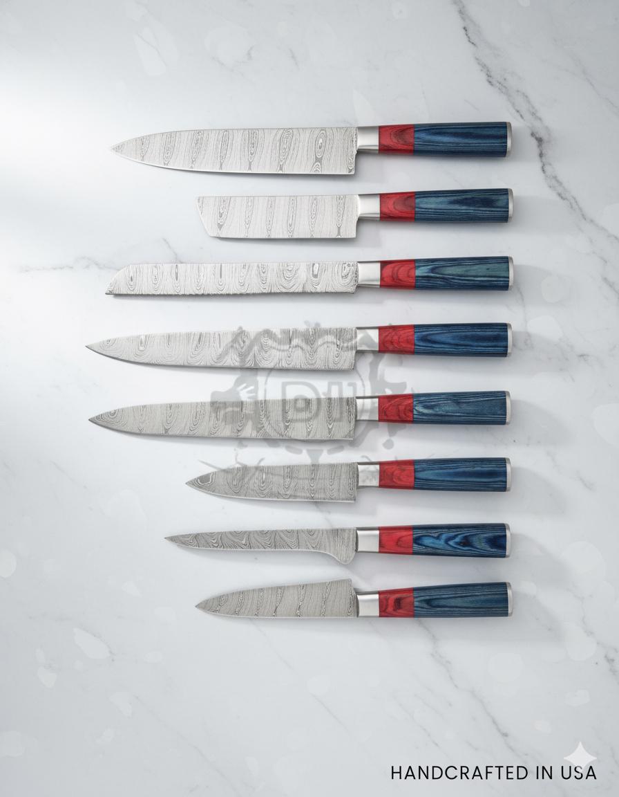 Hand Forged Damascus Chef Set | Blue & Red Wood Handle | Executive Gift
