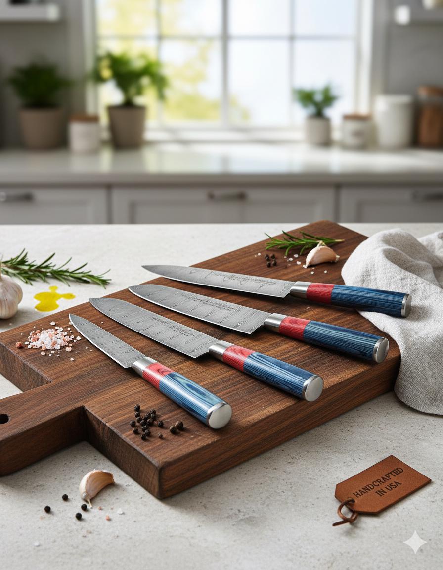 Hand Forged Damascus Chef Set | Blue & Red Wood Handle | Executive Gift