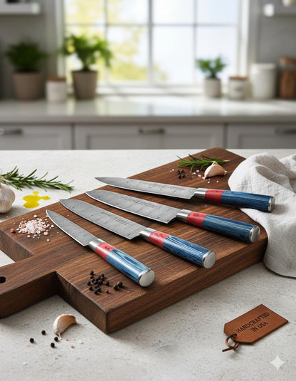 Hand Forged Damascus Chef Set | Blue & Red Wood Handle | Executive Gift