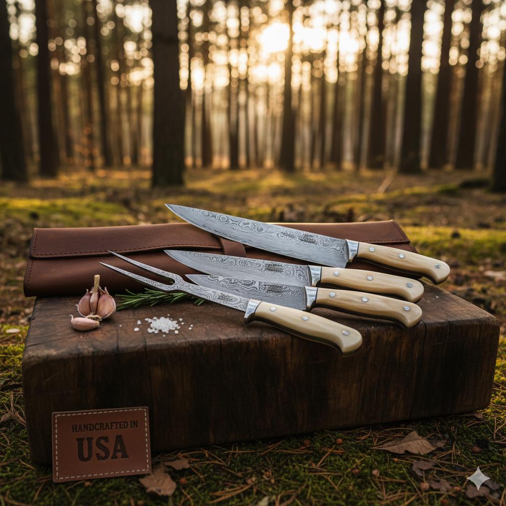 Damascus Brisket Knife Set 5pc | Steak Knife & Carving Fork | Leather Roll