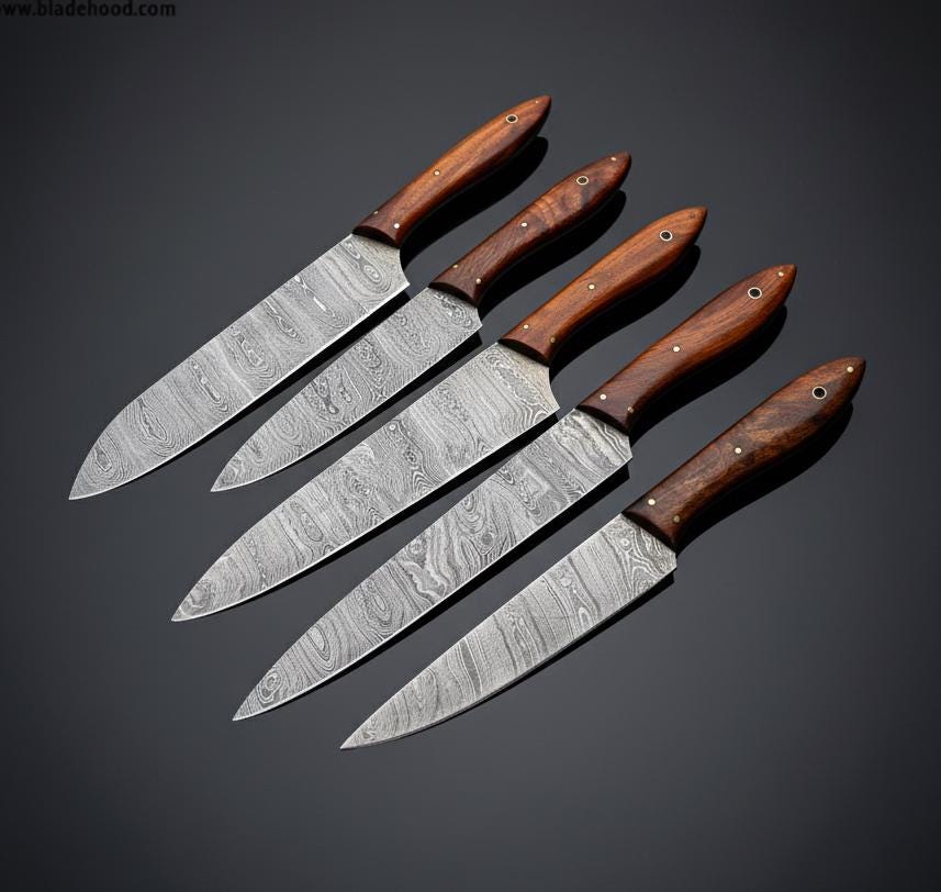 Handmade Damascus Chef Knife Set: 5-Piece Kitchen Knives with Leather Roll