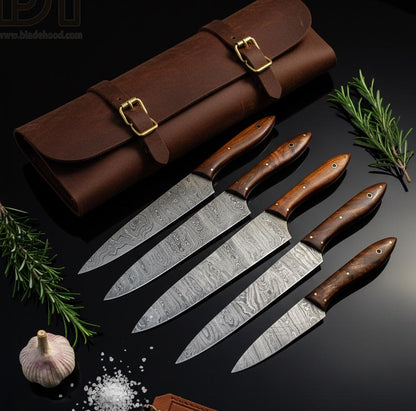 Handmade Damascus Chef Knife Set: 5-Piece Kitchen Knives with Leather Roll