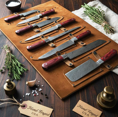 Hand Forged Damascus Chef Knife Set | Exotic Wood Handles, Brisket, Slicers