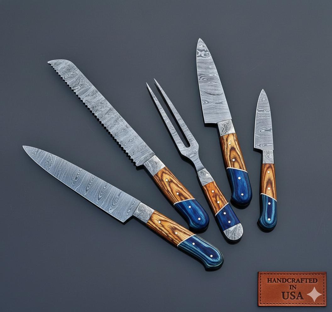 Damascus Carving Set | Blue Resin Wood Handle | Hand Forged Knife Kit | Collectible Set