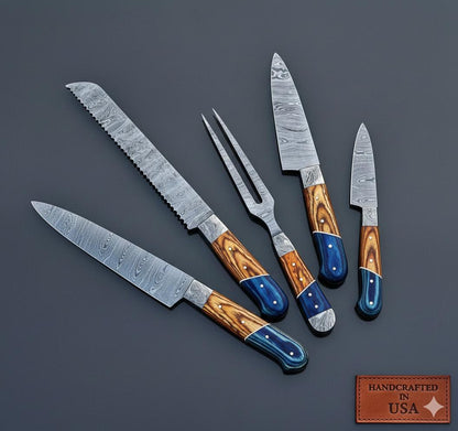 Damascus Carving Set | Blue Resin Wood Handle | Hand Forged Knife Kit | Collectible Set