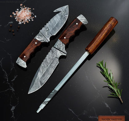 Handcrafted 3-Piece Damascus Steel Collector Knife Set with Rosewood Handles & Leather Sheath
