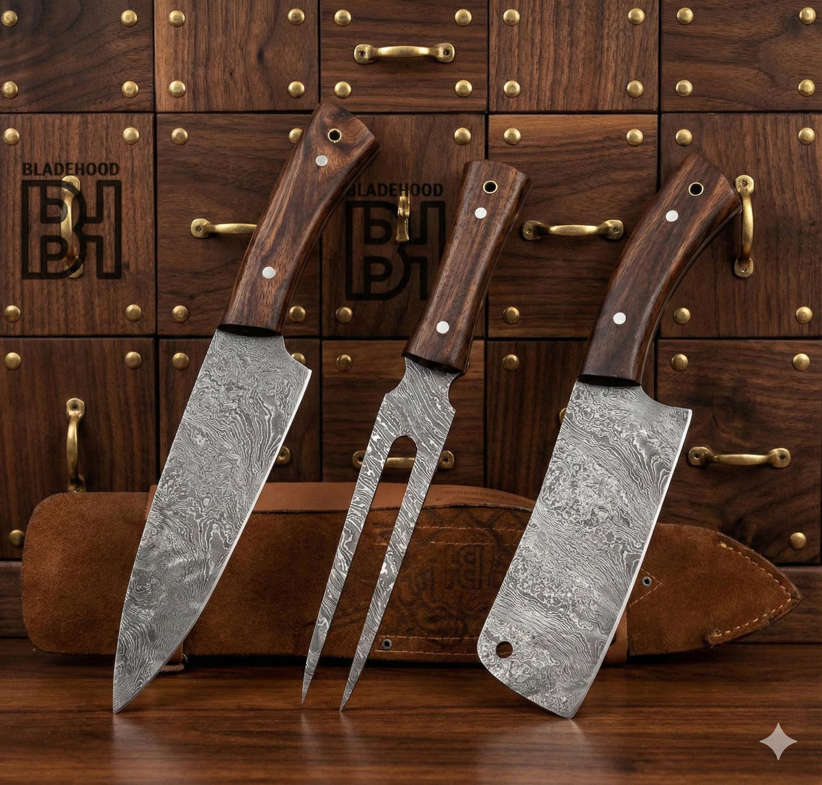 Handmade Damascus Steel Chef Knife Set: Rosewood Handle, Leather Bag