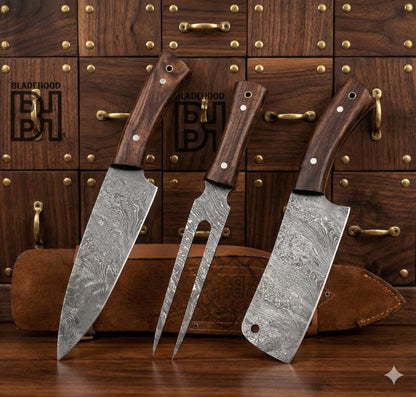 Handmade Damascus Steel Chef Knife Set: Rosewood Handle, Leather Bag