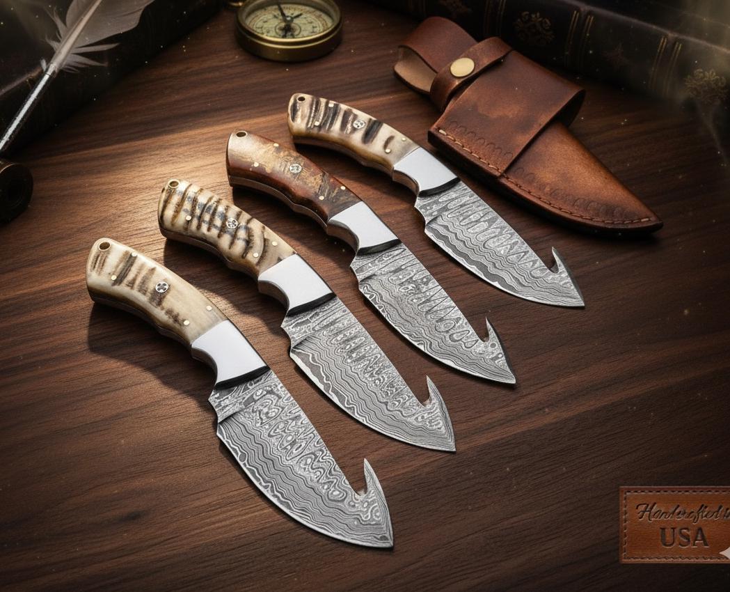 Damascus Knife with Genuine Ram Horn handle | Gut Hook Fixed Blade