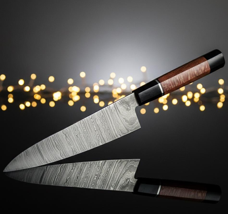 Hand-Forged Damascus Steel Knife | Exotic Wood Handle & Leather Sheath