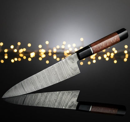Hand-Forged Damascus Steel Knife | Exotic Wood Handle & Leather Sheath