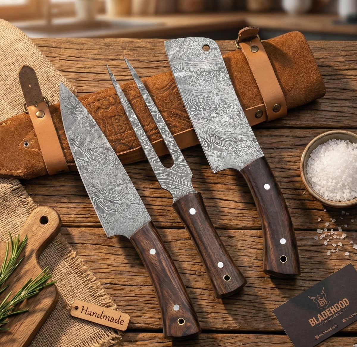 Handmade Damascus Steel Chef Knife Set: Rosewood Handle, Leather Bag