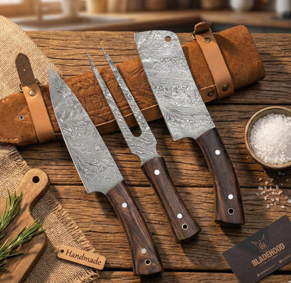 Handmade Damascus Steel Chef Knife Set: Rosewood Handle, Leather Bag