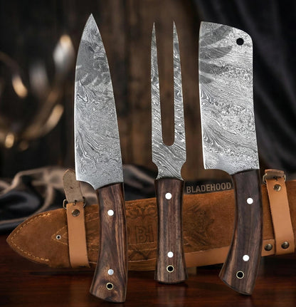 Handmade Damascus Steel Chef Knife Set: Rosewood Handle, Leather Bag
