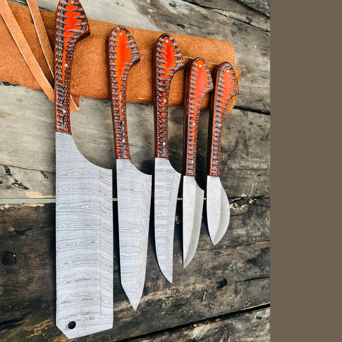 Damascus Steel Kitchen Knife Set | Orange Resin Handle Chef & Butcher Blades