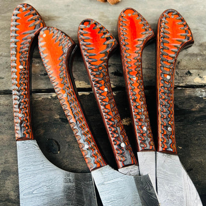 Damascus Steel Kitchen Knife Set | Orange Resin Handle Chef & Butcher Blades