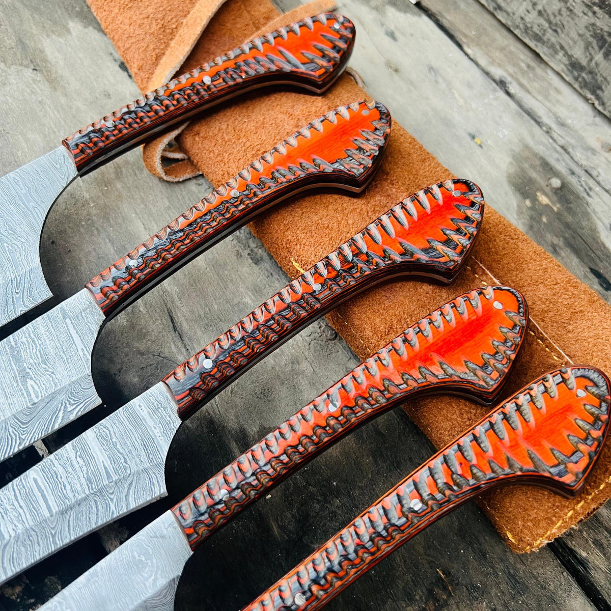 Damascus Steel Kitchen Knife Set | Orange Resin Handle Chef & Butcher Blades