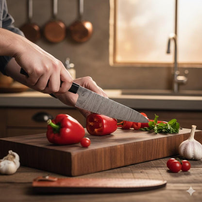 Hand-Forged Damascus Steel Knife | Exotic Wood Handle & Leather Sheath