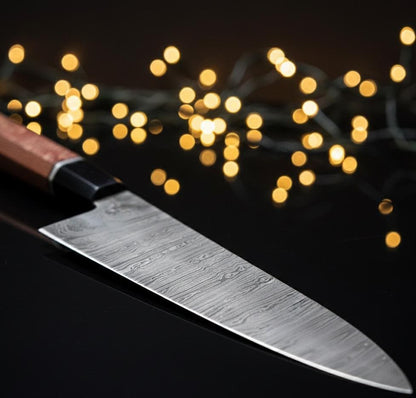 Hand-Forged Damascus Steel Knife | Exotic Wood Handle & Leather Sheath
