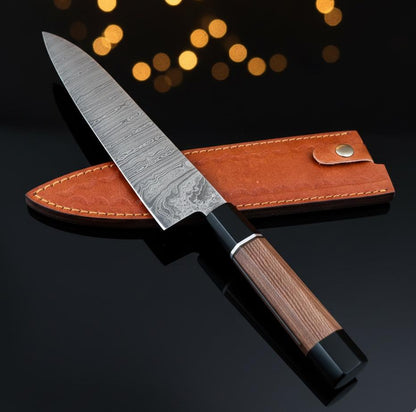 Hand-Forged Damascus Steel Knife | Exotic Wood Handle & Leather Sheath
