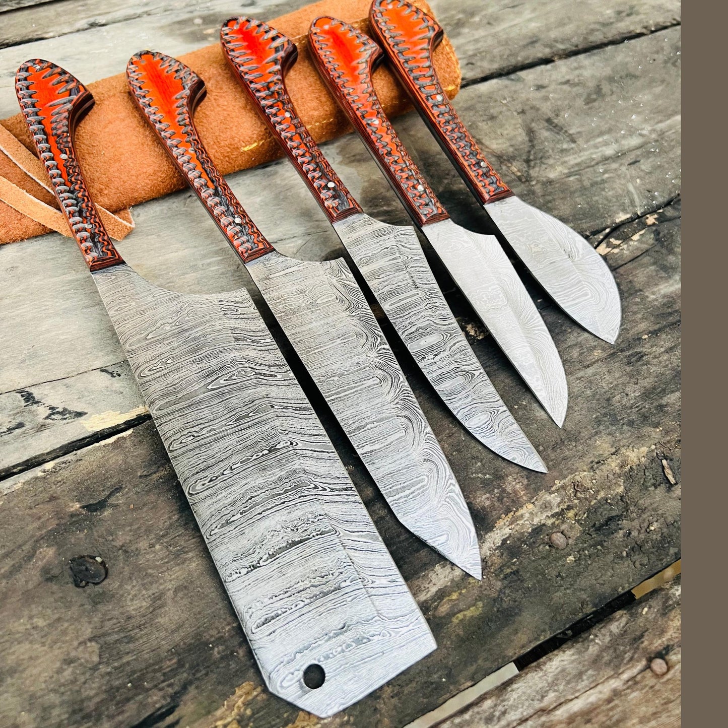 Damascus Steel Kitchen Knife Set | Orange Resin Handle Chef & Butcher Blades