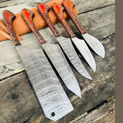 Damascus Steel Kitchen Knife Set | Orange Resin Handle Chef & Butcher Blades