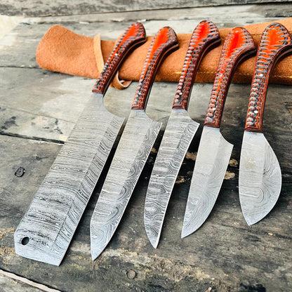 Damascus Steel Kitchen Knife Set | Orange Resin Handle Chef & Butcher Blades