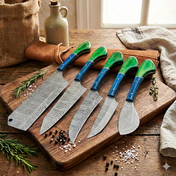 5 Pc Damascus Steel Knife Set | Green & Blue Wood Handle | Kitchen accessories