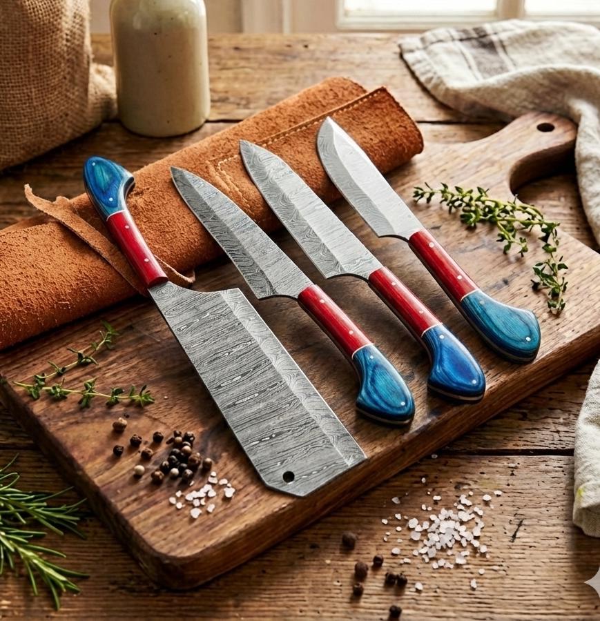 Professional 5 Pc Damascus Chef Knife Set | Red Blue Wood Handle | Cooking Gift