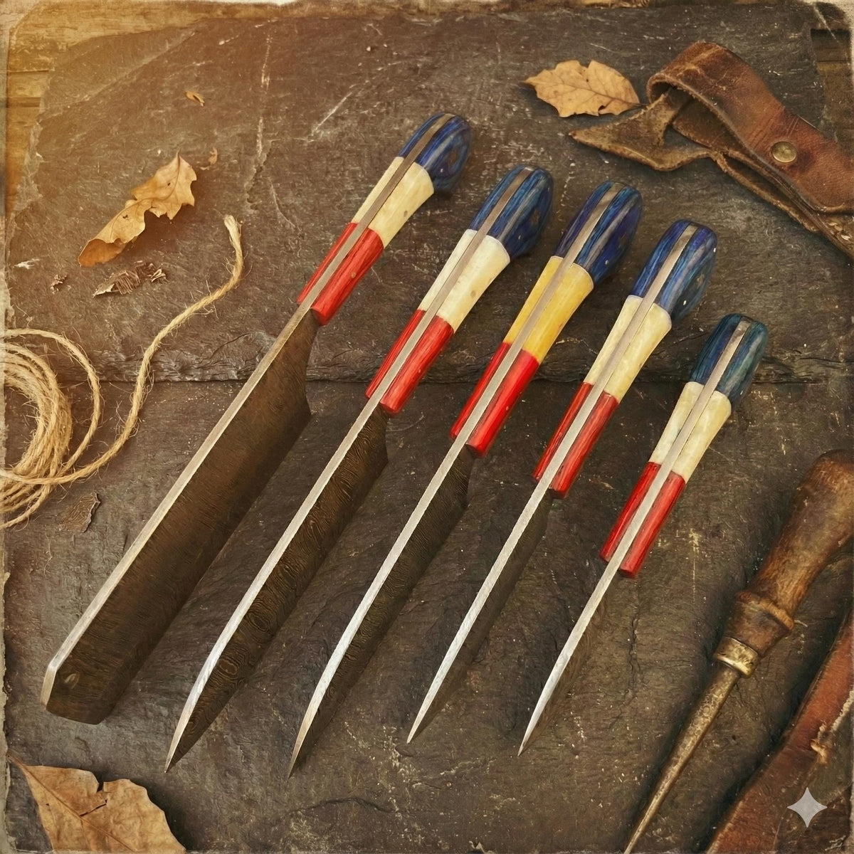 Handcrafted 5-Piece Damascus Steel Chef Knife Set – Red, White & Blue Composite Handles with Leather Roll
