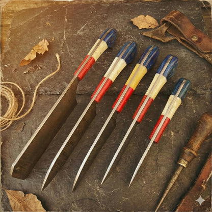 Handcrafted 5-Piece Damascus Steel Chef Knife Set – Red, White & Blue Composite Handles with Leather Roll