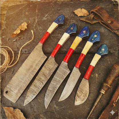 Handcrafted 5-Piece Damascus Steel Chef Knife Set – Red, White & Blue Composite Handles with Leather Roll
