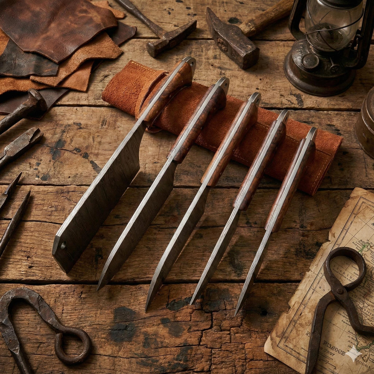 Handcrafted 5-Piece Damascus Steel Chef Knife Set with Natural Wood Handles & Leather Roll